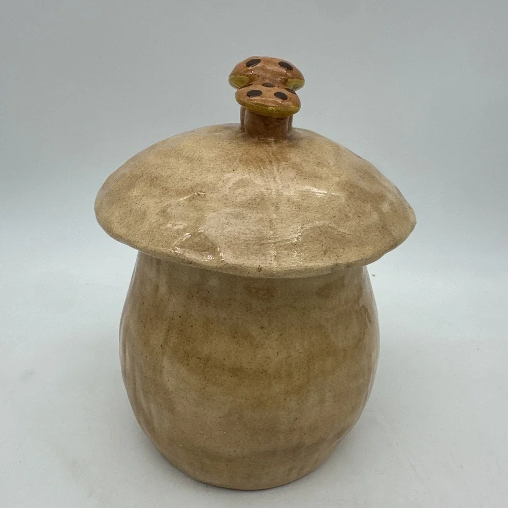 Vintage Medium Mushroom Canister Cookie Jar Ceramic 1970s Kitchen w/ Lid 9.5